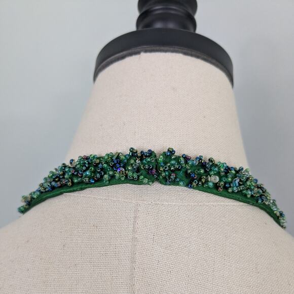 Cache Prom Dress Midi Gown 2 Green Silk Vintage Y2K Glam Bead Holiday Halter - Picture 6 of 14